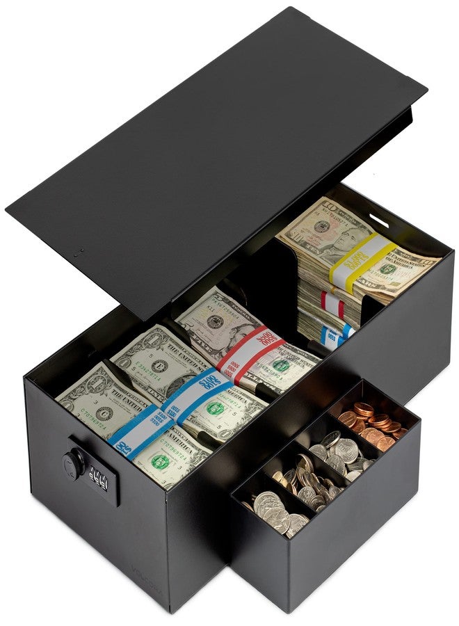 Volcora Cash Box Money Organizer - 15” x 7.5” x 4” Cashbox 5 Compartments Drawer Tray - Bills and Coin Slot with Combination Lock for POS Register, Kiosk, Retail, Personal and Business Use, Black - Image 1
